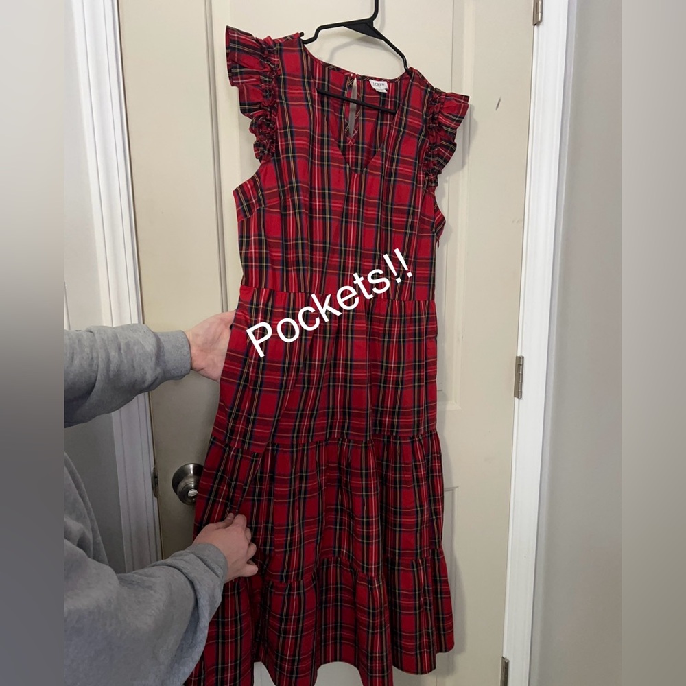J Crew ruffle tiered dress - HAS POCKETS! PLAID / SIZE 14 - Picture 4 of 9
